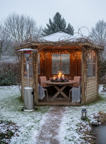Gartentisch im Pavillon dekorieren Gartentisch Dekoration im Winter